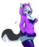  anthro biotari blue_body blue_eyes blue_fur bottomwear breasts canid canine canis cleavage clothed clothing domestic_dog female fluffy fluffy_ears fluffy_tail fur german_shepherd hair hair_over_eye herding_dog hi_res hoodie husky hybrid kimber_(devin_arts) legwear looking_at_viewer mammal miniskirt nordic_sled_dog one_eye_obstructed pastoral_dog skirt solo spitz thick_thighs thigh_highs topwear wide_hips 