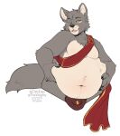  2021 5_fingers anthro artist_name belly big_belly black_claws bulge canid canine canis chest_tuft claws clothed clothing dated deep_navel digital_media_(artwork) finger_claws fingers fur fur_tuft grey_body grey_fur half-length_portrait hand_on_stomach hi_res holding_belly kittydee looking_at_viewer love_handles male mammal midriff narrowed_eyes navel one_eye_closed open_mouth open_smile overweight overweight_anthro overweight_male portrait sash simple_background skimpy smile solo thick_thighs thong tuft underwear uwais_(foxcall) white_background wink wolf 