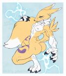  anthro blue_eyes butt canid canine digimon digimon_(species) electricity female fierygeheena fur hi_res lightning mammal muscular muscular_anthro muscular_female nude renamon simple_background solo white_body white_fur yellow_body yellow_fur 