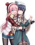  2girls beanie blue_eyes blue_hair blush eye_contact fingerless_gloves gloves ha_en hat highres hug hug_from_behind kagamihara_nadeshiko long_hair looking_at_another multiple_girls one_eye_closed open_mouth pantyhose pink_hair poncho purple_eyes scarf shima_rin shorts simple_background smile upper_teeth white_background winter_clothes yuri yurucamp 