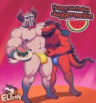  abs anthro armor beard birthday black_hair bow_tie bulge cake claws clothed clothing demon dessert dragon duo elfein facial_hair feet food fruit grey_body hair headgear helmet hi_res horn jugger_(character) male melon muscular muscular_anthro muscular_male nipples pecs plant red_body red_skin scalie text toe_claws toes topless underwear watermelon 