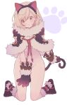  1girl :&lt; animal_ears ass_visible_through_thighs bangs blonde_hair blush breasts brown_eyes cat_ears cat_tail closed_mouth covering covering_crotch djeeta_(granblue_fantasy) eyebrows_visible_through_hair fake_animal_ears full_body fur_trim gloves granblue_fantasy groin hairband hood hood_down kneeling koza_game kuronekodoushi looking_at_viewer naked_hood navel nude paw_print paw_shoes shoes short_hair simple_background solo stomach tail underboob white_background 