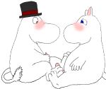  3_toes anthro blue_eyes blush bodily_fluids brown_eyes clothing duo father father_and_child father_and_son feet foot_fetish foot_on_belly foot_play footjob fur genital_fluids genitals hat headgear headwear incest_(lore) male male/male moominpappa moomintroll moominz0 parent parent_and_child pawjob paws penis precum sex simple_background son tail_tuft the_moomins toes top_hat tuft white_background 