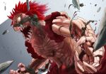  1boy 4o080_yotabnc action boku_no_hero_academia commentary_request glowing glowing_eyes grey_background highres kirishima_eijirou male_focus open_mouth red_eyes red_hair sharp_teeth shirtless solo spiked_hair teeth torn_clothes two-tone_background white_background 
