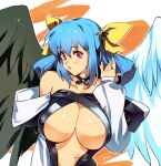  1girl areola_slip areolae asymmetrical_wings black_choker black_wings blue_hair breasts center_opening choker covered_nipples dizzy_(guilty_gear) dress english_commentary eyebrows_visible_through_hair feathered_wings fingernails guilty_gear guilty_gear_xx hair_ribbon hair_rings highres large_breasts long_sleeves looking_at_viewer low_twintails no_bra optionaltypo puffy_long_sleeves puffy_sleeves red_eyes ribbon solo strapless strapless_dress twintails upper_body white_wings wings yellow_ribbon 