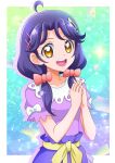  1girl ahoge bow hair_bow hands_together hanzou highres interlocked_fingers long_hair looking_at_viewer low_twintails open_mouth precure purple_hair purple_shirt round_teeth shirt short_sleeves smile solo suzumura_sango teeth tropical-rouge!_precure twintails upper_body yellow_eyes 