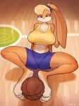  2021 anthro ball basketball_(ball) bebebebebe big_breasts bottomwear breasts clothed clothing digital_media_(artwork) female gym_bottomwear gym_clothing gym_shorts hi_res lagomorph leporid lola_bunny long_ears looney_tunes mammal midriff nipple_outline rabbit shirt shorts signature smile solo space_jam tank_top topwear warner_brothers 