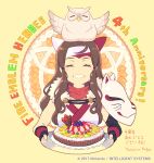  1girl :d animal_on_head anniversary bird bird_on_head blush_stickers brown_hair cake closed_eyes copyright_name enkyo_yuuichirou facing_viewer fire_emblem fire_emblem_heroes food fox_mask framed hana_(fire_emblem) headband holding holding_cake holding_food holding_tray mask mask_on_shoulder official_art on_head open_mouth owl signature smile solo translation_request tray upper_body 