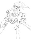  1girl akira bleach breasts cleavage closed_mouth donburi_(donburikazoku) ground_vehicle large_breasts long_hair looking_at_viewer monochrome motor_vehicle motorcycle parody ponytail shihouin_yoruichi simple_background smile solo white_background 