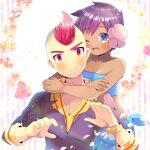  1boy 1girl ;d bare_arms bare_shoulders bikini black_shirt blue_bikini blue_eyes blush breasts cleavage clenched_teeth dark_skin flower hair_flower hair_ornament head_tilt hug hug_from_behind kouu_hiyoyo long_sleeves looking_at_viewer lowres one_eye_closed open_mouth phoebe_(pokemon) pink_flower pokemon pokemon_(game) pokemon_oras purple_hair red_eyes red_hair sarong shirt sidney_(pokemon) small_breasts smile strapless strapless_bikini striped striped_background sweat swimsuit teeth thick_eyebrows upper_body v-shaped_eyebrows vertical_stripes 