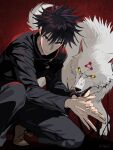  1boy animal artist_name bangs black_hair black_jacket black_pants blue_eyes brown_footwear bum_hico closed_mouth dog foot_out_of_frame fushiguro_megumi gakuran hair_between_eyes jacket jujutsu_kaisen long_sleeves looking_at_viewer male_focus own_hands_together pants red_background school_uniform shadow_puppet shoes short_hair solo spiked_hair squatting tsurime yellow_eyes 