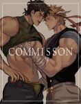  2boys abs assisted_exposure bara bare_pecs bare_shoulders black_shirt blush briefs brk_603 brown_hair bulge caesar_anthonio_zeppeli commission erection erection_under_clothes feathers grabbing green_male_underwear groping hair_feathers head_to_head headband highres jojo_no_kimyou_na_bouken joseph_joestar_(young) large_pectorals lifted_by_another male_focus male_underwear multiple_boys muscular muscular_male navel nipples open_pants pants pectoral_grab shirt shirt_lift short_hair sideburns sleeveless sleeveless_shirt stomach underwear watermark yaoi 
