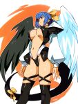  1girl asymmetrical_wings black_tail black_wings blue_hair breasts center_opening cleavage cowboy_shot dizzy_(guilty_gear) english_commentary feathered_wings fingernails from_below guilty_gear guilty_gear_xx hair_ribbon hair_rings highres large_breasts long_sleeves long_tail low_twintails navel no_bra optionaltypo over-kneehighs puffy_long_sleeves puffy_sleeves ribbon skindentation solo standing tail tail_ornament tail_ribbon thick_thighs thigh_strap thighhighs thighs twintails white_wings wings yellow_ribbon 