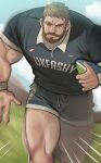  1boy bara beard blue_shorts brk_603 bulge collared_shirt facial_hair feet_out_of_frame grey_shirt highres large_pectorals light_brown_hair looking_at_viewer male_focus mature_male motion_blur motion_lines muscular muscular_male one_eye_closed original rugby rugby_ball rugby_uniform running shirt short_hair shorts solo sportswear thick_thighs thighs veins 