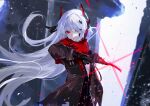  1girl black_coat black_gloves coat eyebrows_visible_through_hair eyeshadow gloves glowing glowing_weapon heterochromia highres holding holding_sword holding_weapon katana long_hair looking_at_viewer makeup punishing:_gray_raven red_eyes solo sword torn torn_clothes torn_coat vardan weapon white_hair yellow_eyes zipper 