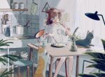  1girl animal_ears blue_eyes breast_pocket brown_hair cat cat_ears cellphone chair commentary_request desk_lamp eating egg eokaku_surimi fork highres holding holding_fork holding_knife indoors kettle kitchen knife ladle lamp long_hair morning open_mouth original oven_mitts phone plate pocket ponytail pot salt shirt short_sleeves sitting smartphone solo stool table vase white_shirt 