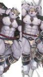  1boy abs ainu ainu_clothes animal_ears bara bare_pecs blush bulge chest_hair crotch_grab dakimakura_(medium) full_body furry grausummon grey_fur grey_hair headband horkeu_kamui_(tokyo_houkago_summoners) jacket jacket_on_shoulders large_pectorals looking_at_viewer lying male_focus male_pubic_hair muscular muscular_male navel nipples on_back on_side pelvic_curtain penis_peek pubic_hair pulled_by_self scar scar_on_chest scar_on_leg short_hair silver_hair stomach tail thick_thighs thighs tokyo_houkago_summoners two-tone_fur underwear_pull white_fur wolf_boy wolf_ears wolf_tail yellow_eyes 