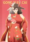  1girl absurdres animal_ears bare_shoulders black_hair breasts china_dress chinese_clothes chinese_new_year chinese_zodiac covered_navel cow_ears cow_horns cowboy_shot dress grey_hair hand_on_hip haori highres horns japanese_clothes large_breasts looking_at_viewer mandarin_collar medium_hair multicolored_hair open_mouth red_eyes red_horns sharkudon split_hair_colors statue touhou two-tone_hair ushizaki_urumi wide_sleeves year_of_the_ox 