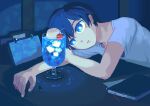  1boy animated animated_gif blinking blue_eyes blue_hair book bubble cherry desk drink food fruit ice ice_cube looking_at_object lowres lying open_mouth pixel_art shirt toyoi_yuuta white_shirt 