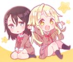  2girls :d bang_dream! bangs black_hair black_legwear blonde_hair blue_eyes blush brown_dress chibi dress eyebrows_visible_through_hair hair_between_eyes hair_ornament hairclip highres knees_up long_hair looking_at_viewer multiple_girls no_shoes okusawa_misaki open_mouth outstretched_arms parted_lips sailor_collar sailor_dress school_uniform sitting smile socks sorimachi-doufu star_(symbol) tsurumaki_kokoro two-tone_background very_long_hair wariza white_background white_sailor_collar yellow_background yellow_eyes 