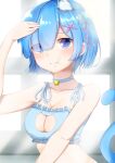  1girl :t animal_ear_fluff animal_ears bangs bell blue_bra blue_collar blue_eyes blue_hair blue_ribbon blush bra breasts cat_cutout cat_ears cat_lingerie cat_tail cinderella_bust cleavage cleavage_cutout clothing_cutout collar collarbone eyebrows_visible_through_hair eyes_visible_through_hair frilled_bra frills hair_between_eyes hair_ornament hair_over_one_eye hair_ribbon highres kemonomimi_mode looking_at_viewer medium_breasts meme_attire neck_bell pink_ribbon re:zero_kara_hajimeru_isekai_seikatsu rem_(re:zero) ribbon shiny shiny_hair shirousagi_(sirousagi0501) short_hair solo tail underwear upper_body x_hair_ornament 