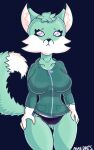  10:16 anthro big_breasts black_nose breasts canid canine clothing eyebrows eyelashes female fluffy fluffy_tail fox fur green_body green_fur hair hi_res inner_ear_fluff maedaybelowzero mammal nipple_outline pockets simple_background thick_thighs tuft underwear watermark white_body white_fur zipper 