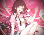  1girl 2014 apron bandaged_arm bandaged_leg bandages bandaid bangs blue_skirt blunt_bangs blurry blurry_foreground blush bow breasts commentary_request danganronpa_(series) danganronpa_2:_goodbye_despair depth_of_field hand_up happy_birthday holding holding_syringe long_hair looking_at_viewer medium_breasts mole mole_under_eye nurse open_mouth pill_bottle pink_background pink_shirt puffy_short_sleeves puffy_sleeves purple_hair shirt short_sleeves sitting skirt smile solo syringe tagme tsumiki_mikan upper_teeth white_background xsinon 