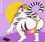  2021 abstract_background anthro back_muscles big_bulge big_butt big_muscles bulge butt cellphone clothing felid grumpyfloof hair hi_res kneeling male mammal muscular muscular_anthro muscular_male pantherine phone ponytail reaching rear_view smartphone solo thick_thighs thong tiger underwear 
