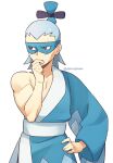  1boy artist_name brycen_(pokemon) closed_mouth collarbone eye_mask grey_eyes gym_leader hand_on_hip hand_up light_blush male_focus momoji_(lobolobo2010) pokemon pokemon_(game) pokemon_bw sash simple_background solo sweatdrop white_background 