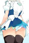  1girl ass blue_skirt commentary_request from_behind hekiga_(freelot) highres izayoi_sakuya knife maid panties pantyshot puffy_short_sleeves puffy_sleeves short_sleeves simple_background skirt solo thighhighs thighs touhou underwear white_background white_panties 