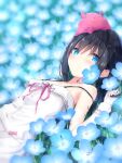  1girl bangs bare_shoulders black_hair blue_eyes blue_flower blurry blurry_background blush breasts closed_mouth collarbone commentary_request day depth_of_field dress eyebrows_visible_through_hair field flower flower_field hair_between_eyes hand_up highres kouda_suzu long_hair looking_at_viewer lying on_back on_head original outdoors pink_ribbon ribbon sleeveless sleeveless_dress small_breasts smile solo strap_slip white_dress wrist_cuffs 