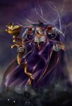  910pan ainz_ooal_gown cat flaming_eye highres holding holding_staff jewelry night overlord_(maruyama) purple_sky red_eyes ring skeleton staff standing tree 