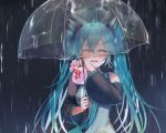  1girl :d black_sleeves blue_eyes blue_hair blue_nails blue_neckwear blush crying crying_with_eyes_open detached_sleeves floating_hair frilled_shirt frills grey_shirt hatsune_miku holding holding_umbrella kyashii_(a3yu9mi) long_hair long_sleeves looking_at_viewer nail_polish necktie open_mouth rain shiny shiny_hair shirt sleeveless sleeveless_shirt smile solo standing tears transparent transparent_umbrella twintails umbrella upper_body valentine very_long_hair vocaloid 