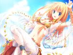  1girl :d akira_(139931) anklet arm_up bangs bikini blonde_hair blue_eyes blue_sky bracelet breasts cape choker cloud commentary_request cowboy_shot dancer_(ragnarok_online) day dutch_angle gem hair_between_eyes harem_pants jewelry leg_up long_hair looking_at_viewer medium_breasts midriff navel necklace ocean open_mouth outdoors pants ragnarok_online red_cape see-through sequins shawl sky smile solo swimsuit waist_cape water white_pants yellow_bikini 