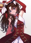  1girl arms_up bangs bare_shoulders blue_eyes breasts brown_hair closed_mouth commentary_request cowboy_shot detached_sleeves dress earrings elbow_gloves fate/stay_night fate_(series) fingerless_gloves gloves hair_ribbon highres holding holding_staff jewelry long_hair looking_at_viewer parted_bangs red_dress red_gloves ribbon shimatori_(sanyyyy) shiny shiny_hair smile solo staff standing thighhighs tohsaka_rin two_side_up upper_body white_background 