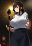  1girl ahoge bangs black_pants blush bra_through_clothes bracelet breasts brown_hair collared_shirt dsr-50_(girls_frontline) earrings girls_frontline high-waist_pants highres jewelry kion-kun lamp large_breasts long_hair microphone microphone_stand pants parted_lips red_eyes shirt shirt_tucked_in solo standing white_shirt 