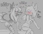  anthro bikini bloodline_(webcomic) blush bodily_fluids canid canine canis clothed clothing duo ember_(bloodline) english_text female flustered furniture grin hair hi_res hyaenid long_hair mammal partially_clothed shocked sitting smile stool sweat swimwear text vivian_(bloodline) w0lfmare wolf 