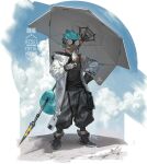  1boy aqua_hair arknights baggy_pants black_footwear chameleon_tail dark_skin ethan_(arknights) food frischenq goggles goggles_on_head hand_on_hip holding ice_cream licking pants solo tail turtleneck umbrella 