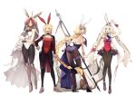  4girls animal_ears back backless_leotard bare_shoulders blonde_hair blue_eyes breasts bunny_ears bunny_tail choker eyebrows_visible_through_hair fate/grand_order fate_(series) frankenstein&#039;s_monster_(fate) full_body gloves green_eyes hair_over_eyes hand_on_hip high_heels highres holding holding_tray horns jacket jeanne_d&#039;arc_(fate) jeanne_d&#039;arc_(fate)_(all) large_breasts leotard long_hair long_sleeves looking_at_viewer marie_antoinette_(fate) mordred_(fate) mordred_(fate)_(all) multiple_girls no-kan pantyhose pink_hair playboy_bunny purple_eyes simple_background single_horn sleeveless standing strapless strapless_leotard tail teeth thigh_strap tongue tray twintails very_long_hair white_background 
