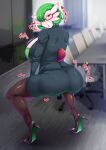  big_butt blush bottomwear breasts butt clothing eyewear female footwear gardevoir glasses green_hair hair hair_over_eye hi_res high_heels legwear looking_at_viewer nintendo niwatora office one_eye_obstructed panty_lines pok&eacute;mon pok&eacute;mon_(species) red_eyes shaking_butt shoes short_hair skirt solo tights video_games 