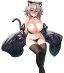  1girl absurdres ahoge animal_ears bikini black_bikini black_legwear blush breasts cat_ears cat_tail choker cleavage coat collarbone eyebrows_visible_through_hair fake_animal_ears fate/grand_order fate_(series) fur_trim grey_hair hair_between_eyes highres huge_breasts jeanne_d&#039;arc_(alter)_(fate) jeanne_d&#039;arc_(fate)_(all) long_sleeves looking_at_viewer navel off_shoulder open_clothes open_coat orange_eyes short_hair shunichi simple_background sitting solo swimsuit tail thighhighs white_background 