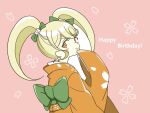  1girl bangs blonde_hair blush blush_stickers bow brown_eyes cat_hair_ornament commentary_request danganronpa_(series) danganronpa_2:_goodbye_despair eyebrows_visible_through_hair floral_print from_side green_bow hair_bow hair_ornament hand_on_own_chin hand_up happy_birthday heart japanese_clothes kimono large_bow long_hair looking_at_viewer orange_kimono pink_background saionji_hiyoko sleeves_past_fingers sleeves_past_wrists smile solo twintails wide_sleeves yoshi_taka_(y_04taka) 