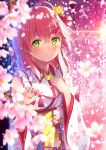  1girl absurdres ahoge bare_shoulders blush cherry_blossom_print cherry_blossoms detached_sleeves floral_print green_eyes hair_between_eyes hair_ornament hairclip highres hololive huge_filesize long_hair looking_at_viewer parted_lips petals pink_hair sakura_miko solo unwitherer upper_body virtual_youtuber wide_sleeves x_hair_ornament 
