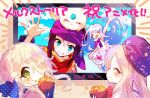  4girls ^_^ ^o^ animal_on_head blonde_hair blue_bow blue_eyes blue_gloves blue_hair bow closed_eyes dated dress eating food food_on_face gloves green_eyes hat hibi89 long_hair merc_storia muffin multiple_girls on_head open_mouth polka_dot polka_dot_bow purple_headwear purple_neckwear smile television waving white_dress 