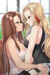  2girls absurdres alternate_costume bare_shoulders black_legwear black_shirt blonde_hair blush breasts brown_hair cleavage closed_mouth female_commander_(girls_frontline) from_side garter_straps girl_on_top girls_frontline green_eyes highres large_breasts lee-enfield_(girls_frontline) long_hair looking_at_another multicolored_hair multiple_girls parted_lips red_eyes red_hair rynzfrancis shirt sleeveless sleeveless_shirt smile streaked_hair thighhighs white_shirt yuri 