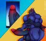  2020 abs abstract_background anthro anthrofied balls big_balls big_muscles big_penis capcom cellphone chest_tuft claws cutaway erection flying_wyvern genitals grumpyfloof hi_res huge_muscles humanoid_genitalia humanoid_penis long_penis male monster_hunter muscular muscular_anthro muscular_male nargacuga navel nude pecs penis phone pubes scalie smartphone smile solo standing taking_picture thick_thighs tuft video_games 