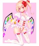  1girl \||/ absurdres alternate_costume bangs blonde_hair blush border bow breasts cameltoe choker cleavage closed_mouth collarbone commentary_request covered_nipples crystal dress eyebrows_visible_through_hair feet flandre_scarlet frills full_body gloves gradient gradient_background hair_between_eyes hair_bow highres kneeling kurenai_(anohitop) looking_at_viewer medium_breasts navel no_hat no_headwear one_side_up pink_background puffy_short_sleeves puffy_sleeves red_bow red_choker red_eyes short_hair short_sleeves simple_background smile solo thighhighs touhou white_border white_dress white_gloves white_legwear wings 