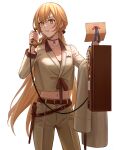  1girl belt blonde_hair brown_belt brown_jacket brown_pants brown_suit collarbone eyebrows_visible_through_hair formal girls_frontline hair_ornament hair_ribbon highres holding holding_clothes holding_jacket holding_letter holding_phone holster jacket jewelry letter long_hair looking_away navel necklace ots-14_(girls_frontline) pants phone ribbon silayloe solo standing star_(symbol) star_necklace suit white_background yellow_eyes 