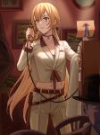  1girl belt blonde_hair brown_belt brown_jacket brown_pants brown_suit collarbone eyebrows_visible_through_hair formal girls_frontline gun hair_ornament hair_ribbon highres holding holding_clothes holding_jacket holding_letter holding_phone holster jacket jewelry letter long_hair looking_away navel necklace ots-14_(girls_frontline) pants phone picture_(object) ribbon rifle silayloe simple_background solo standing star_(symbol) star_necklace suit weapon yellow_eyes 