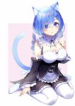  1girl absurdres animal_ears apron bangs black_ribbon blue_eyes blue_hair blush breasts cat_ears cat_tail cleavage commentary_request detached_sleeves dress frilled_dress frills hair_ornament hair_over_one_eye hair_ribbon highres juliet_sleeves kemonomimi_mode large_breasts long_sleeves looking_at_viewer m.tokotsu maid maid_headdress neck_ribbon no_shoes open_mouth pantyhose puffy_sleeves re:zero_kara_hajimeru_isekai_seikatsu rem_(re:zero) ribbon ribbon-trimmed_dress ribbon-trimmed_sleeves ribbon_trim roswaal_mansion_maid_uniform short_hair sitting solo tail waist_apron wariza white_apron white_legwear x_hair_ornament 